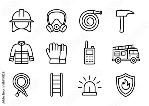 Firefighter Icon Set. Outline icon set of fire response team: firefighter helmet, breathing mask, water hose,