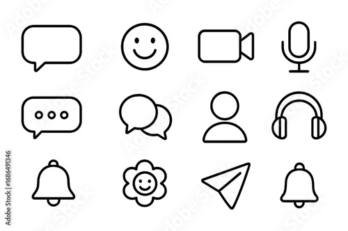 Kids' Digital Comm Icons. Outline icon set of kids’ digital communication: chat bubble, emoji, video call,