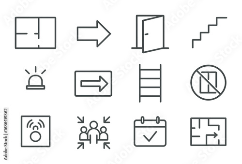 Emergency Exit Icons. Outline icon set of emergency exit planning: floor plan, green arrow, exit door,