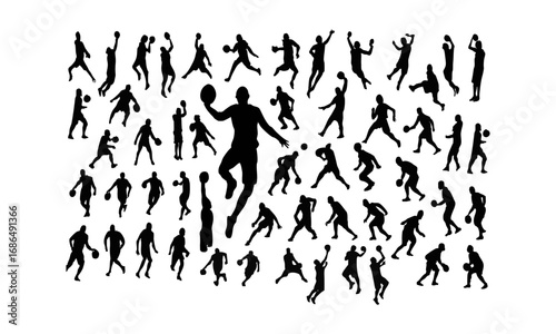 Basketball Player Silhouettes Collection Sports Vector Poses in Action, Dunk, Dribble, Shooting and Training, easily editable.