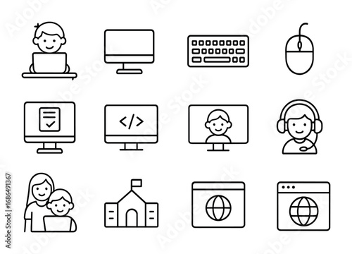 Kids Computer Icons. Outline icon set of kids on computers: child at desk, desktop computer, keyboard, mouse,