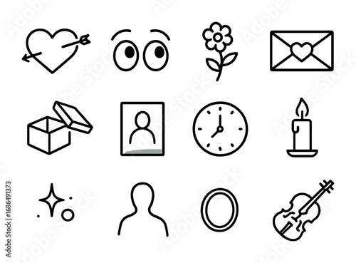 Unrequited Love Icons. Outline icon set of unrequited love: heart with arrow missed, longing eyes, one flower,