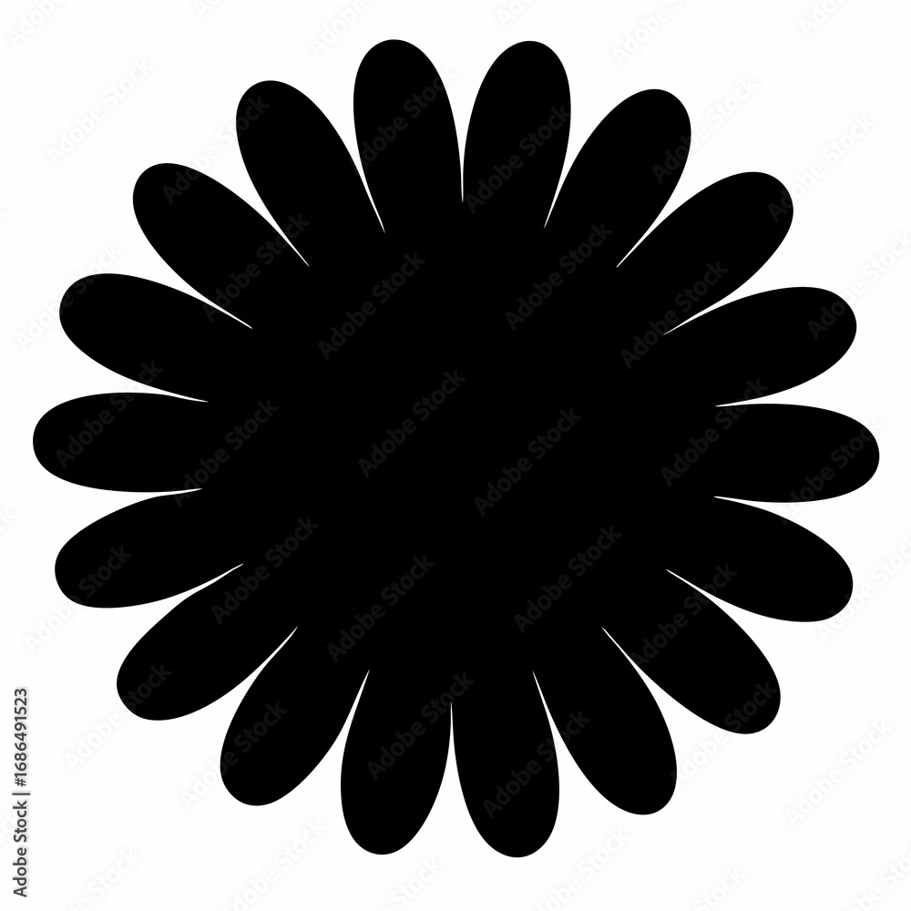 Obraz premium Stylized Black Daisy Flower Silhouette with Rounded Petals on White Background Illustration