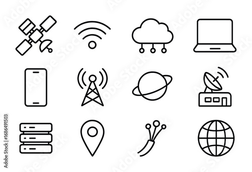 Space Internet Icons. Outline icon set of space-based internet: satellite, Wi-Fi signal, cloud network, laptop