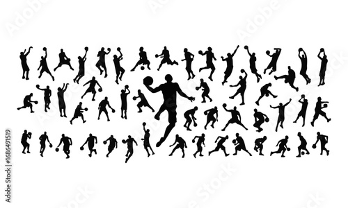 Basketball Player Silhouettes Collection Sports Vector Poses in Action, Dunk, Dribble, Shooting and Training, easily editable.