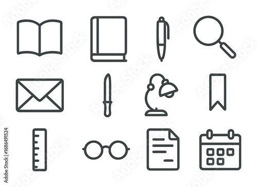Desk Icon Collection. Outline icon set of writing and reading desk: book, notebook, pen, magnifying glass,
