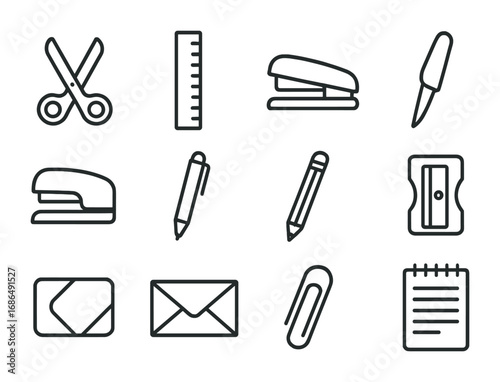 Office Tools Icons. Outline icon set of office stationery tools: scissors, ruler, stapler, letter opener, hole