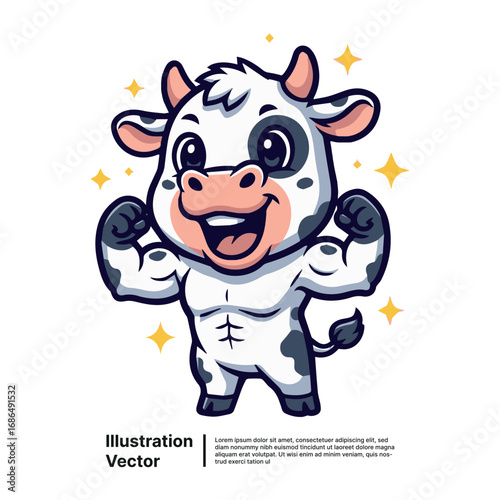 Strong cartoon cow showing off its muscles and flexing biceps with a bright white background, healthy and happy