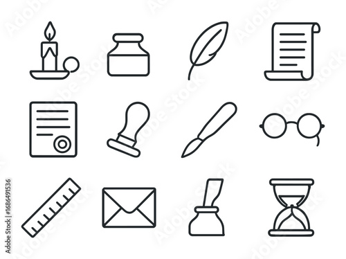 Classic Writing Desk Icons. Outline icon set of traditional writing desk: candle, ink bottle, quill, parchment