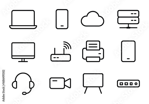 Office Tech Icon Set. Outline icon set of office technology: laptop, smartphone, cloud, server, desktop