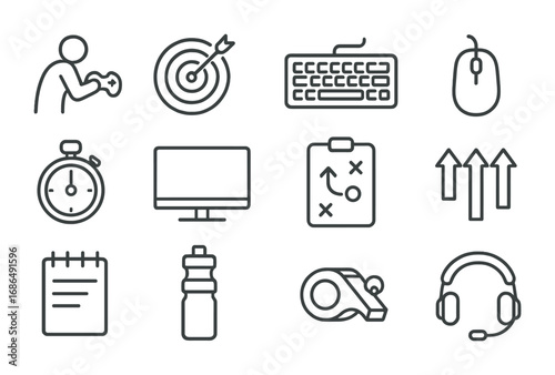 Esports Training Icons. Outline icon set of esports training: practice icon, target, keyboard, mouse, timer,