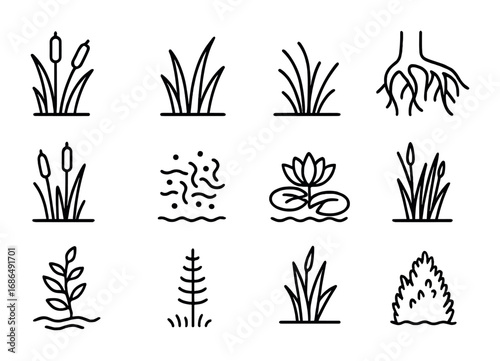 Riverbank Vegetation Icons. Outline icon set of riverbank vegetation: reeds, grasses, willow roots, cattails,