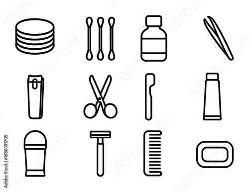 Vanity Organizer Icons. Outline icon set of vanity drawer organization: cotton pads, cotton swabs, makeup