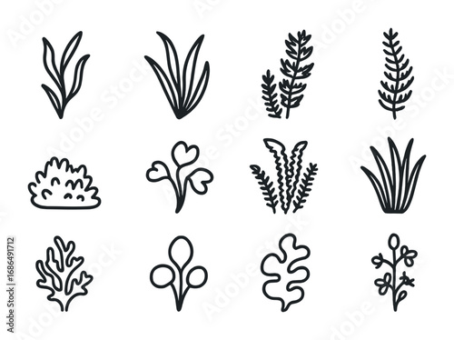 Aquatic Plant Icons. Outline icon set of submerged aquatic vegetation: pondweed, eelgrass, hornwort, coontail,