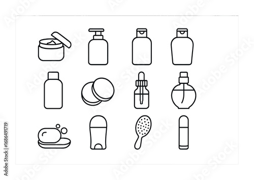 Bathroom Essentials Icons. Outline icon set of women’s bathroom essentials: face cream, body lotion, shampoo,