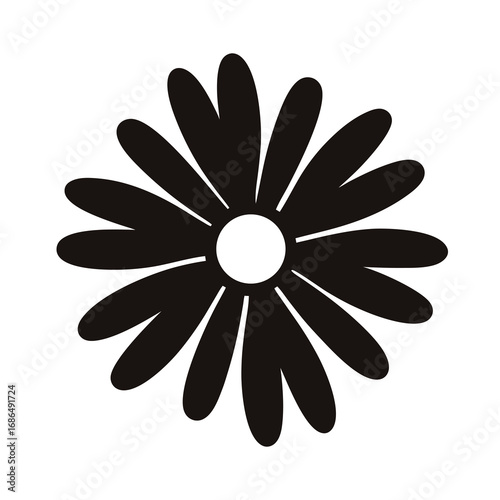 A minimalistic black and white graphic representation of a flower blossom