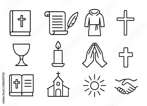 Augustine vs Pelagius Icons. Outline icon set of Augustine vs Pelagius debates: Bible, scroll, quill, monk