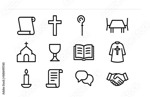 Early Church Councils Icons. Outline icon set of early church councils: scroll, cross, bishop staff, meeting