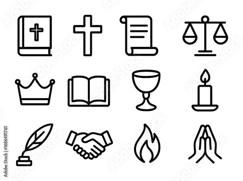 Grace vs Works Icons. Outline icon set of grace vs works debates: Bible, cross, scroll, scale, crown, open