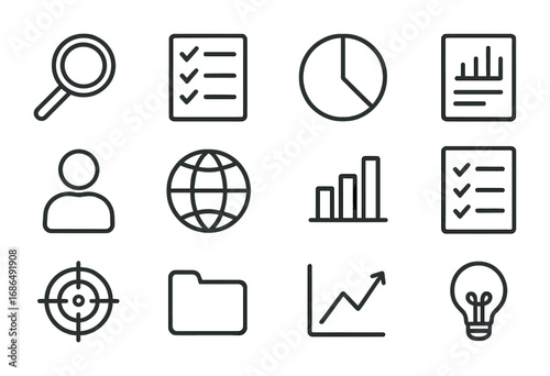 Market Analysis Icons. Outline icon set of market research analysis: magnifying glass, survey form, pie chart,