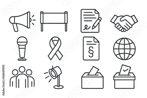 Advocacy Icon Grid. Outline icon set of advocacy campaigns: megaphone, banner, petition, signature, handshake,