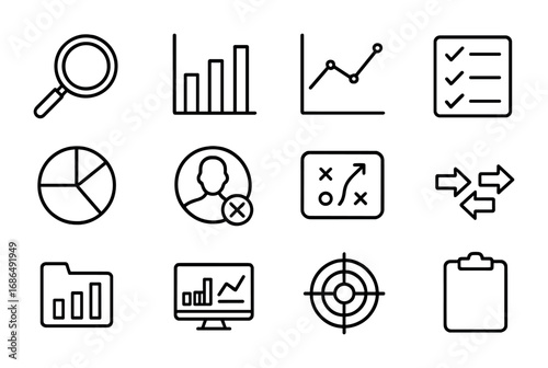 Competitive Analysis Icons. Outline icon set of competitive analysis: magnifying glass, bar chart, graph line,
