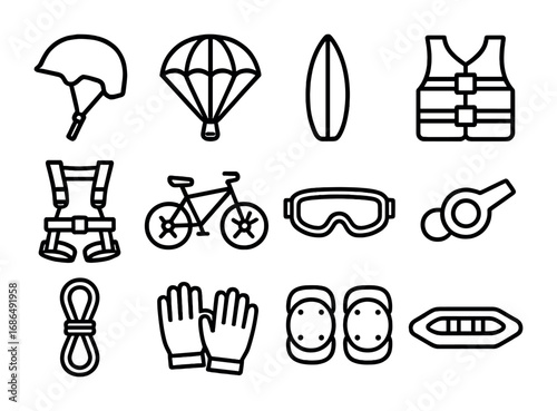 Adventure Safety Icons. Outline icon set of adventure sports safety: helmet, parachute, surfboard, life vest,