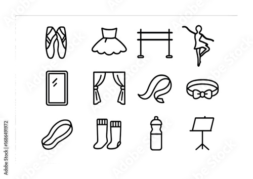 Ballet Practice Icons. Outline icon set of ballet practice: pointe shoes, tutu, ballet barre, dancer