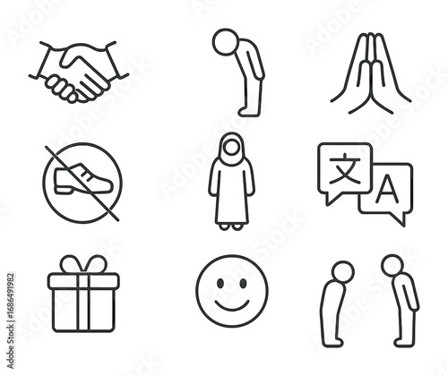Cultural Etiquette Icons. Outline icon set of cultural etiquette tips: handshake, bowing figure, prayer hands,