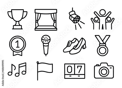 Dance Competition Icons. Outline icon set of dance competitions: trophy, stage, spotlight, cheering crowd,