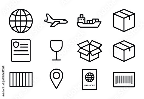 International Shipping Icons. Outline icon set of international shipping: globe, airplane, cargo ship, parcel