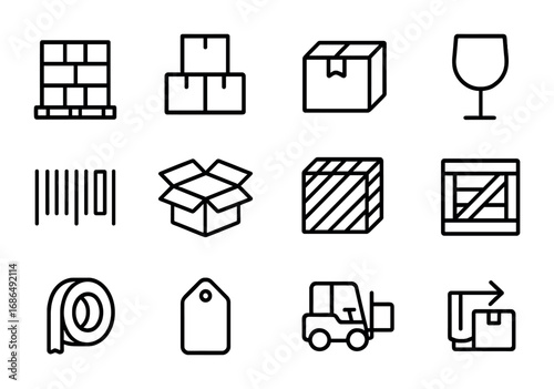 Bulk Packaging Icons. Outline icon set of bulk packaging: pallet, stacked boxes, sealed parcel, fragile symbol