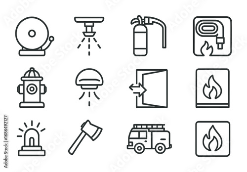 Fire Safety Icons. Outline icon set of fire safety systems: alarm bell, sprinkler, fire extinguisher, fire