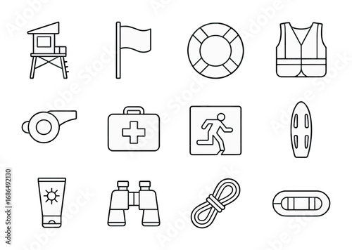 Beach Safety Icons. Outline icon set of beach resort safety: lifeguard tower, flag warning system, lifebuoy,