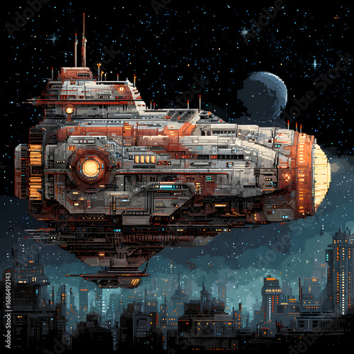 Pixel Art of a Time Traveling Spaceship Over a Sci-Fi Cityscape with Stars and a Distant Planet in Background