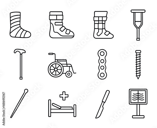 Orthopedic Icons Grid. Outline icon set of orthopedic treatment: plaster cast, walking boot, orthopedic brace,