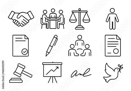 Dispute Resolution Icons. Outline icon set of dispute resolution teamwork: handshake, mediation table, scales