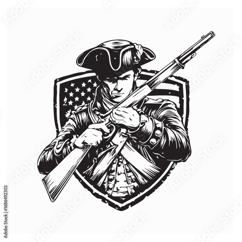 American Patriot Militia with Musket Retro Vector Illustration on white background