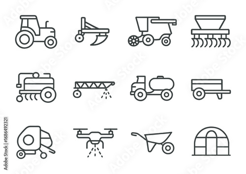 Agricultural Machinery Icons. Outline icon set of agricultural machinery: tractor, plow, harvester, seeder,