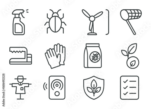 Pest Control Icons. Outline icon set of pest control: spray bottle, insect, bird scarer, net, trap, protective