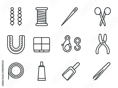 Beading Tools Icons. Outline icon set of beading essentials: bead strands, thread spool, needle, scissors,