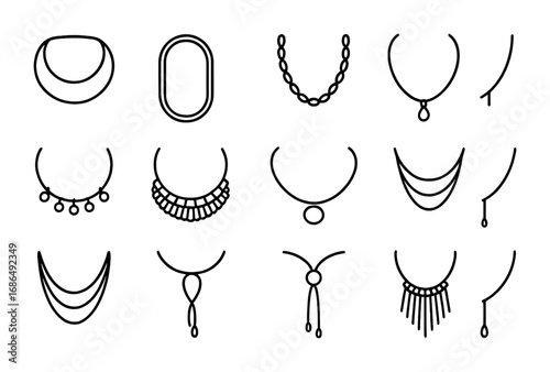 Necklace Style Icons. Outline icon set of necklace styles: collar necklace, rope necklace, chain necklace,