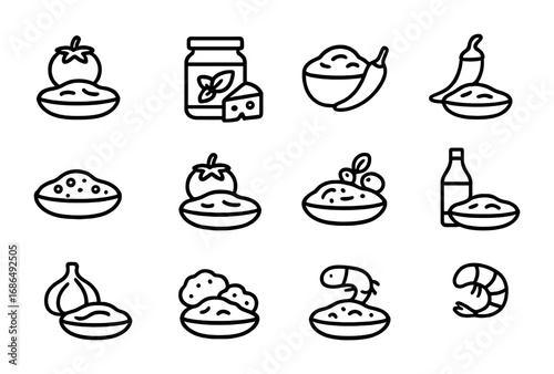 Pasta Sauces Icons. Outline icon set of pasta sauces: tomato sauce, pesto jar, alfredo cream, carbonara,