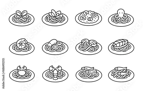 Seafood Pasta Icons. Outline icon set of pasta with seafood: linguine with clams, spaghetti with mussels,