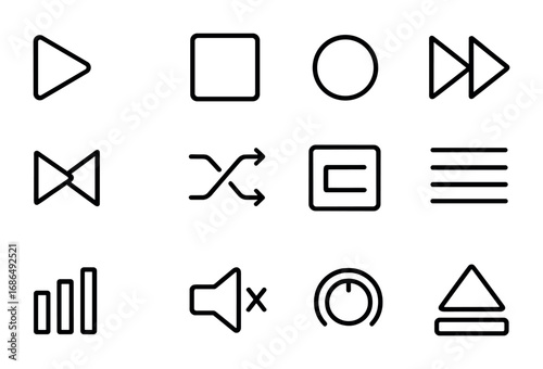 Multimedia Remote Icons. Outline icon set of multimedia remote buttons: play, stop, record, next track,