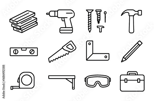 Closet Shelf Icon Set. Outline icon set of building shelves in a closet: wooden planks, drill, screws, hammer,