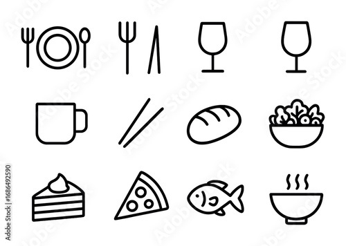 Food Icon Grid. Outline icon set of food photography: plate, fork, spoon, wine glass, coffee mug, chopsticks,