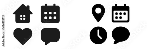 Various black icons representing home, calendar, location, heart, clock, and chat on a white background in a minimalistic style