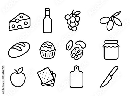 Gourmet Gift Icons. Outline icon set of gourmet gift baskets: cheese wedge, wine bottle, grapes, olives, bread