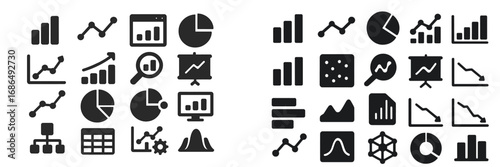 Collection of black and white data visualization symbols ideal for business analytics and presentations in a modern workspace